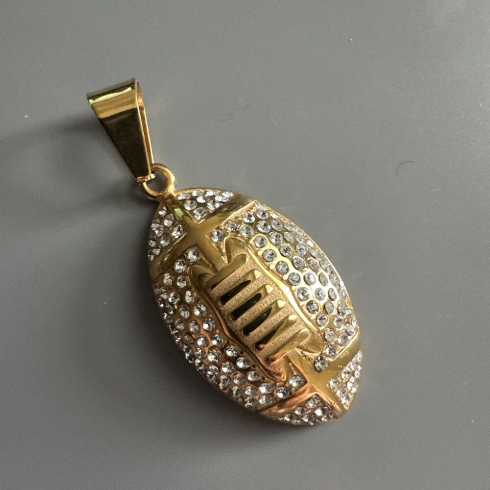 Football Pendant Chain Stainless Steel Super Bowl Gift Men’s Cubic Zirconia Gold